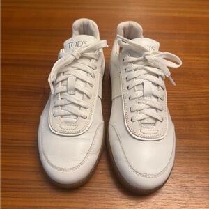Authentic Tod’s Tabs Leather Sneakers, Women’s White Designer Casual Shoes 37.5